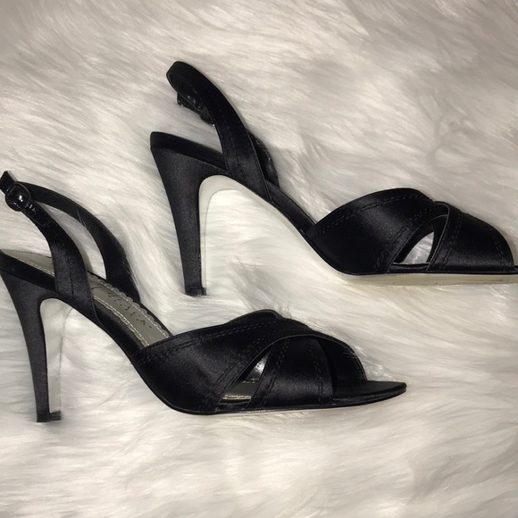 Black Satin Sling-back Heels - Picture 3 of 6